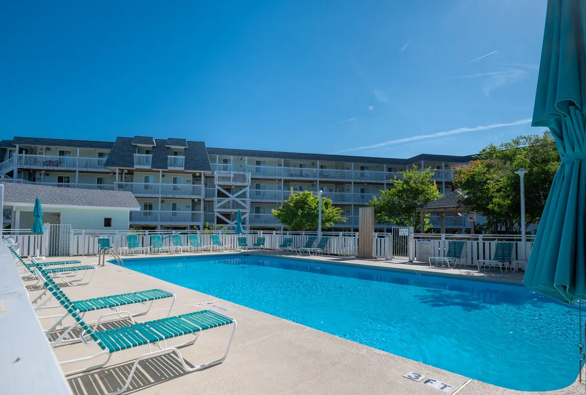 An exterior view of a sparkling swimming pool surrounded by lounge chairs and lush greenery, with the building facade in the background. The area is designed for relaxation and socializing, offering ample space for families or groups to gather and unwind after a day of exploration.